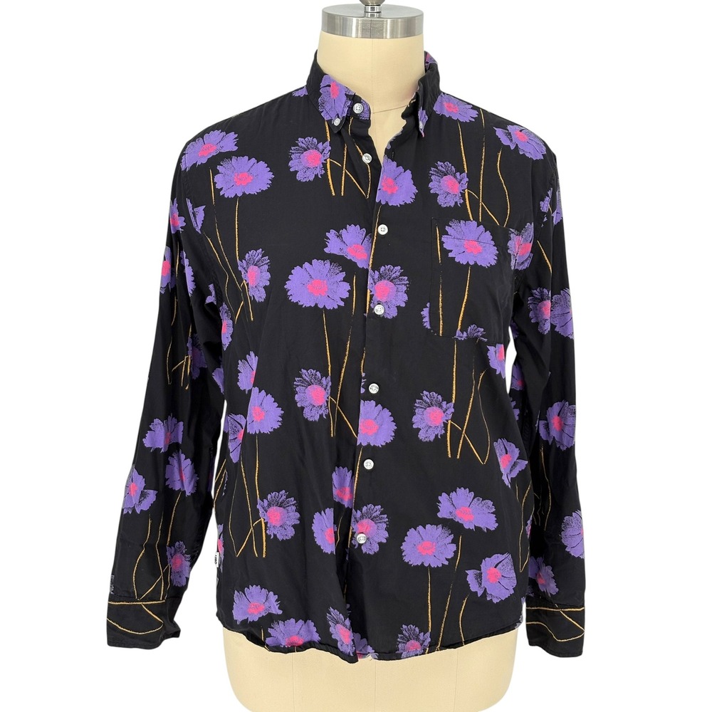 Obey Button Down Shirt Black Purple Floral 100% Cotton XL